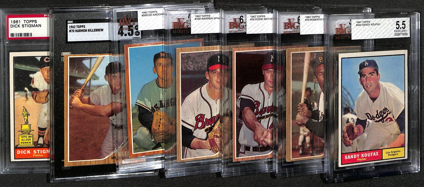 Lot of (7) Graded 1961 & 1962 Topps Baseball Cards w. 1961 Sandy Koufax BVG 5.5 & Roberto Clemente BVG 3.5